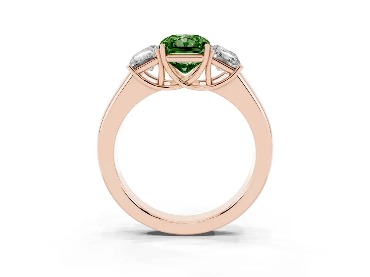 Fancy Green Three-Stone Radiant Cut Cut Diamond Ring with Prong Setting and Classic Band Rose gold