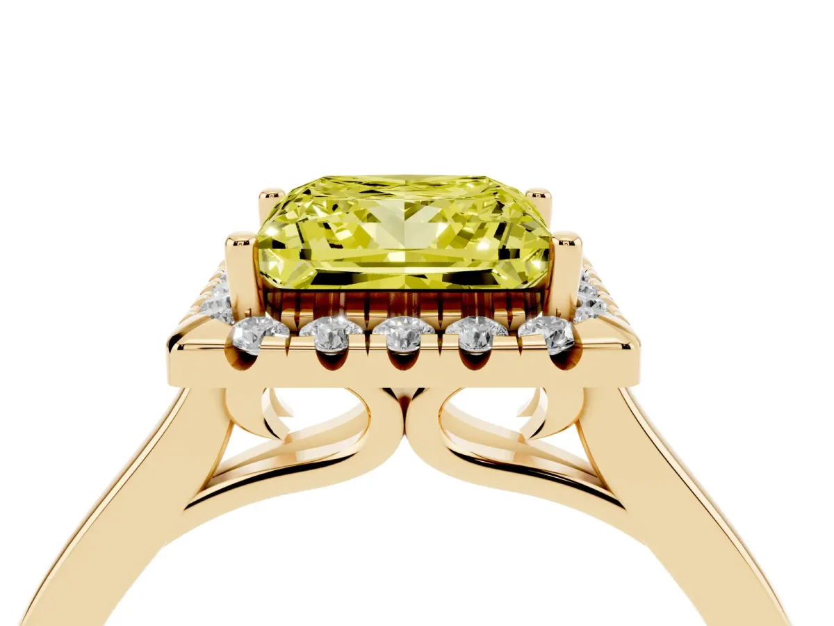 Fancy Yellow Princess Cut Halo Round Diamond Solitaire Ring with Pavé Band and Four-Prong Setting Yellow gold