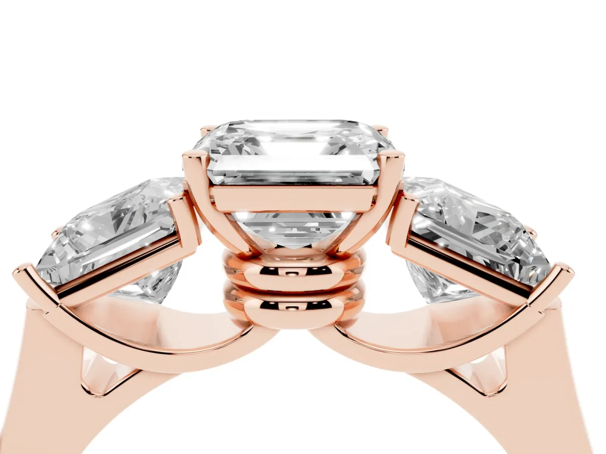 Three-Stone Asscher Cut Brilliant Diamond Trellis Ring with Comfort Fit Band Rose gold