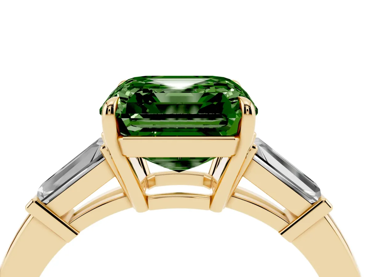 Fancy Green Asscher Cut Diamond Three-Stone Ring with Tapered Baguette Side Stones and Prong Setting Yellow gold