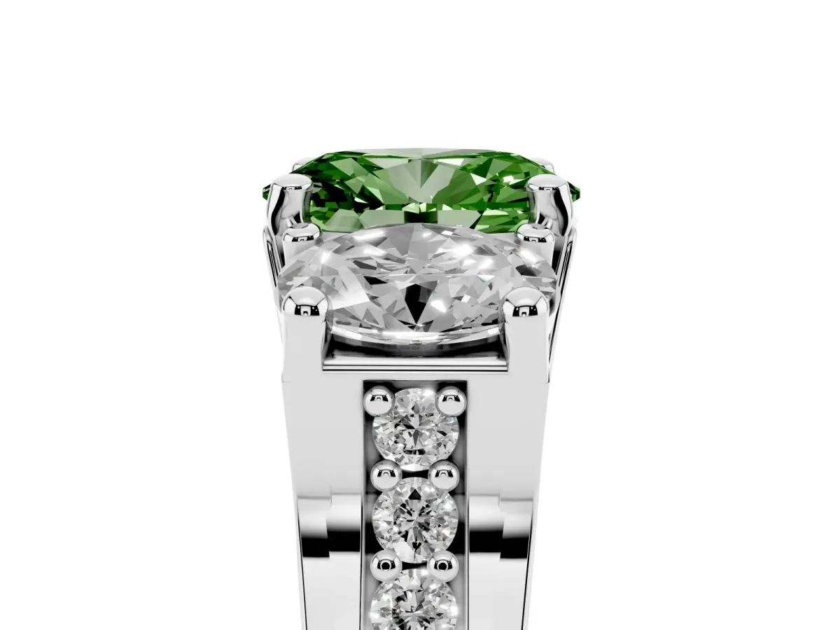 Fancy Green Oval Cut Diamond Three-Stone Ring with Channel Set Band and Four-Prong Setting Silver