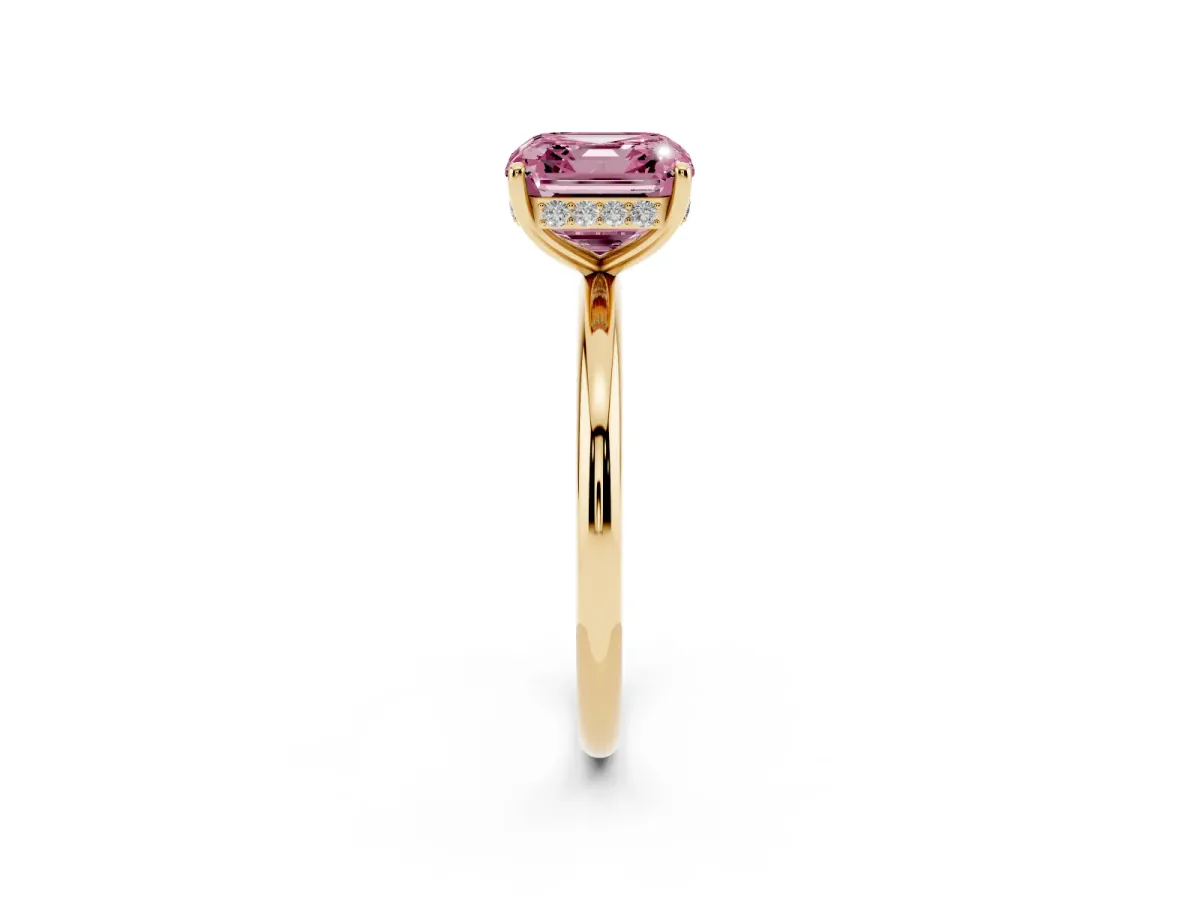 Fancy Pink Asscher Cut Solitaire Diamond Ring with a Classic Band and Four-Prong Setting Yellow gold