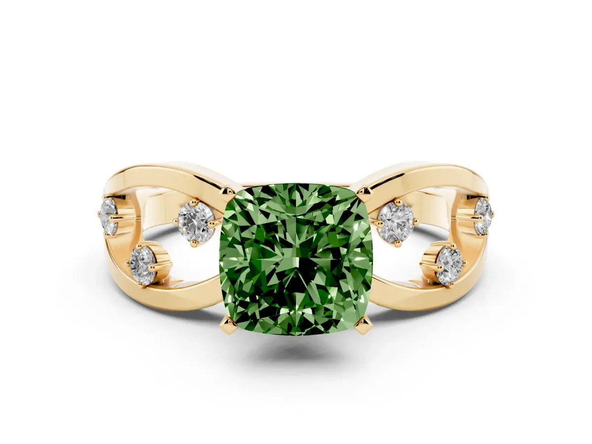 Fancy Green Cushion Cut Cut Solitaire Diamond with Side Stones on Criss-Cross Band and Four-Prong Setting Yellow gold