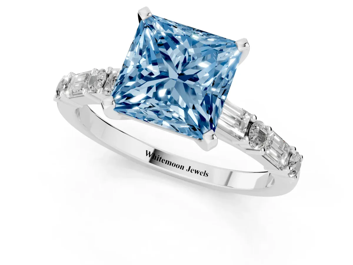 Fancy Blue Princess Cut Diamond Solitaire with Side Baguettes and Channel Set Band Silver