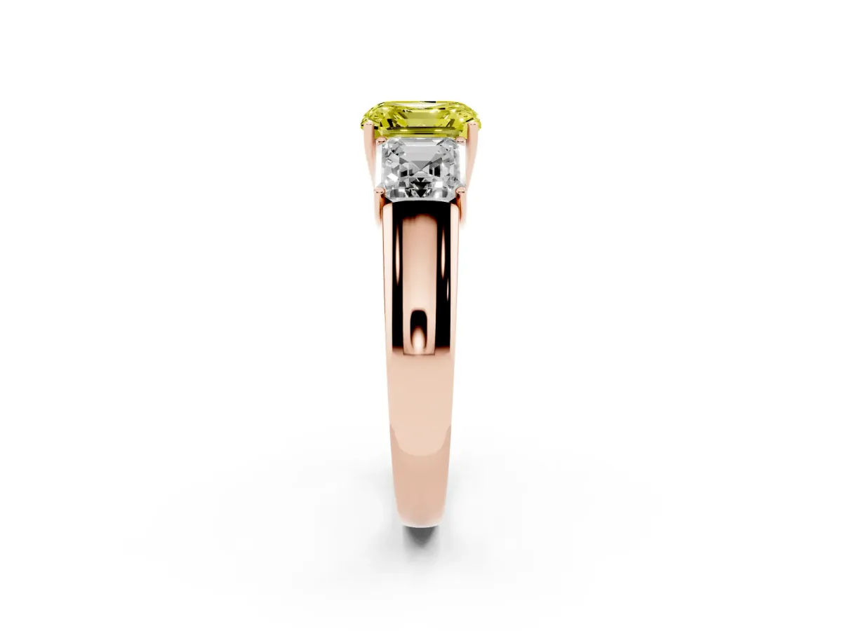 Fancy Yellow Three-Stone Asscher Cut Cut Diamond Ring with Prong Setting and Classic Band Rose gold