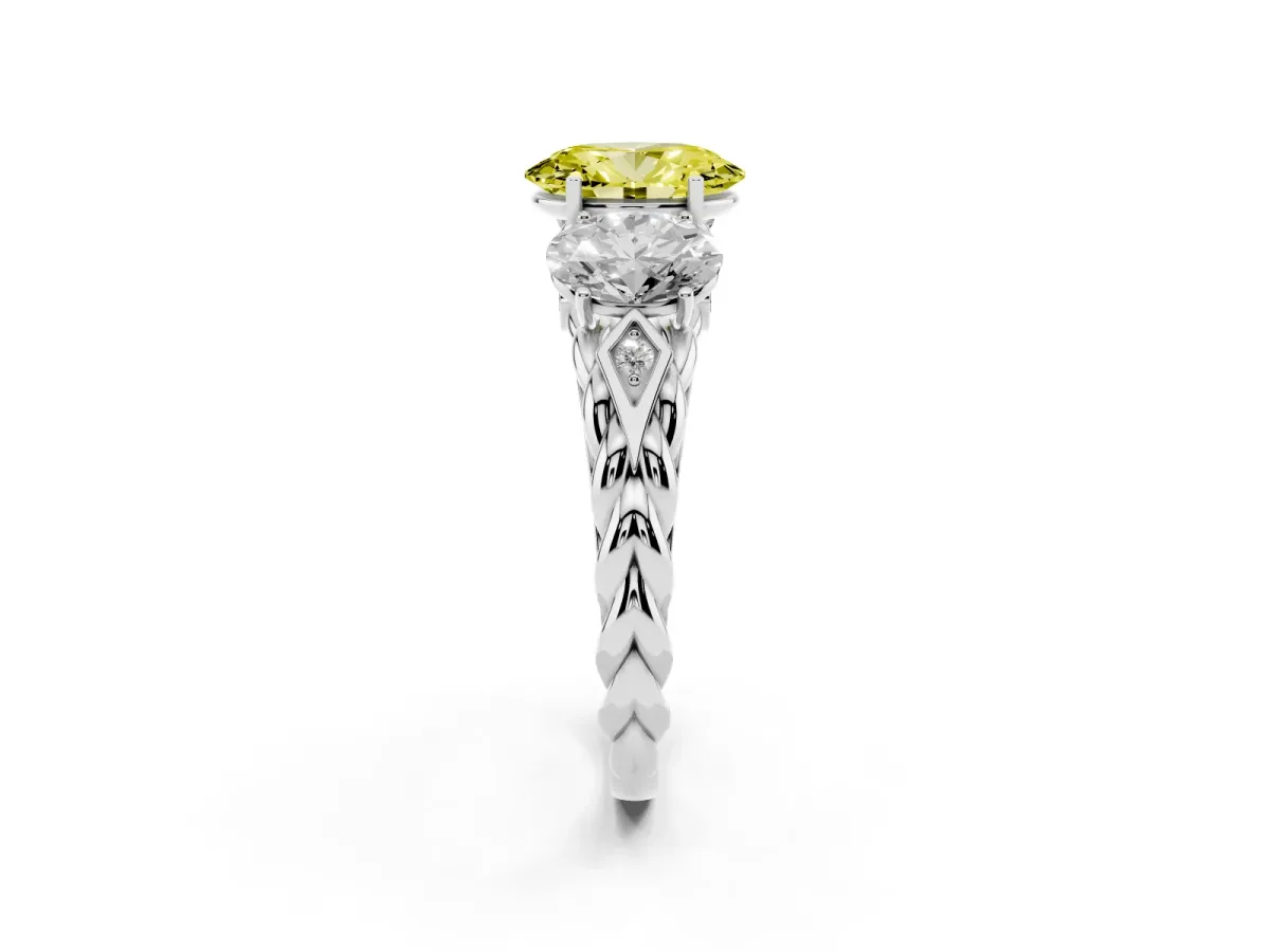Fancy Yellow Three-Stone Oval Cut Diamond Braided Band Ring with Four-Prong Setting Silver
