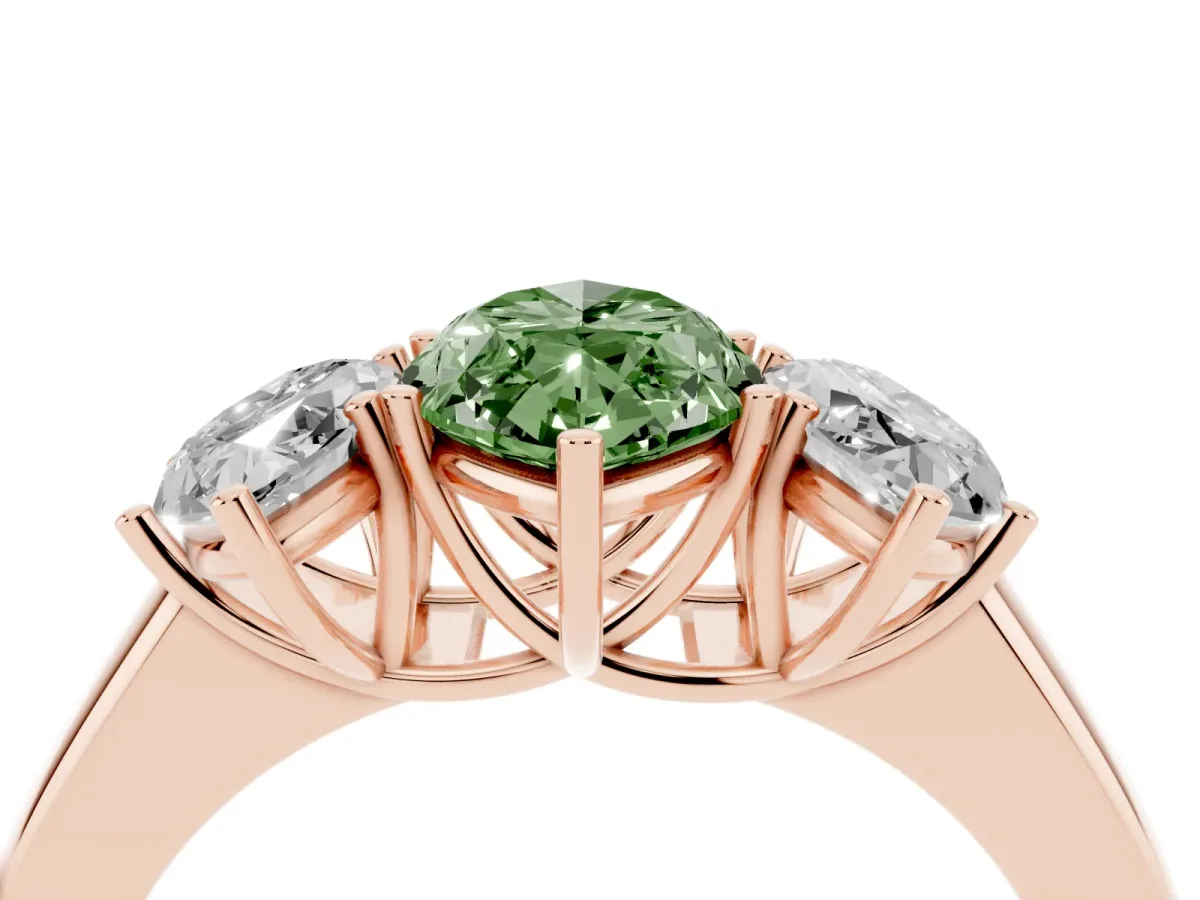 Fancy Green Three-Stone Marquise Cut Cut Diamond Ring with Prong Setting and Classic Band Rose gold