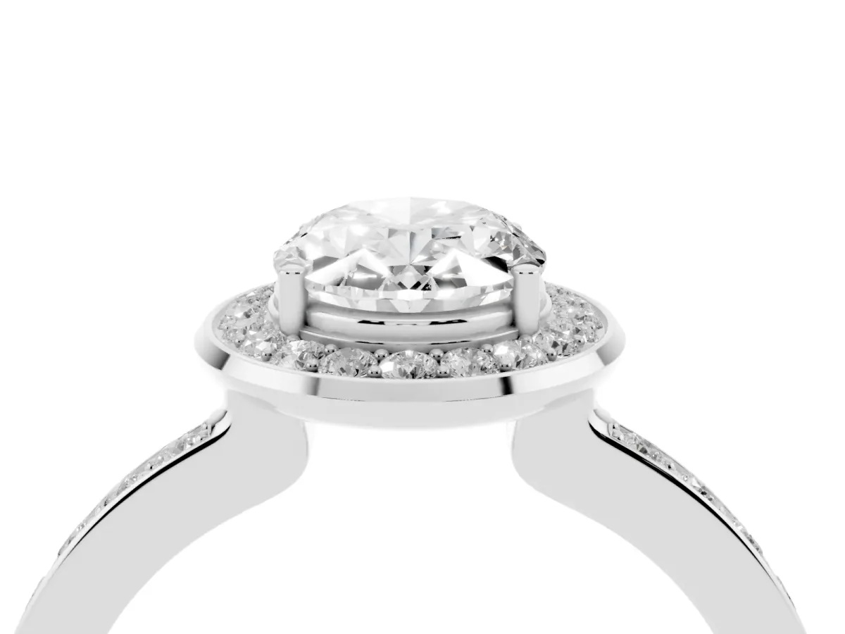 Oval Cut Diamond Halo Ring with Bezel Frame and Pavé Band Silver