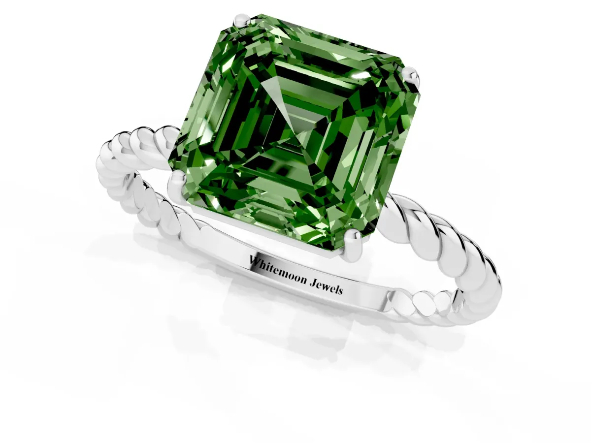 Fancy Green Asscher Cut Solitaire Twist Band Ring with Four-Prong Setting Silver
