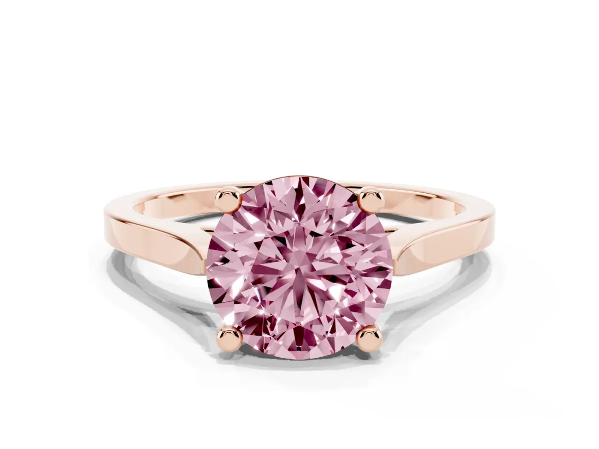 Fancy Pink Round Cut Solitaire Diamond Ring with Four-Prong Setting and Tapered Band Rose gold