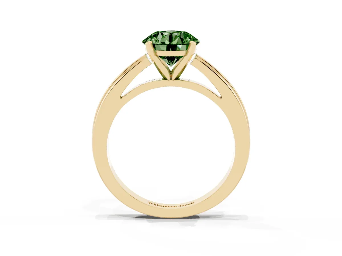 Fancy Green Round Cut Solitaire Diamond Ring with Four-Prong Setting and Classic Band Yellow gold