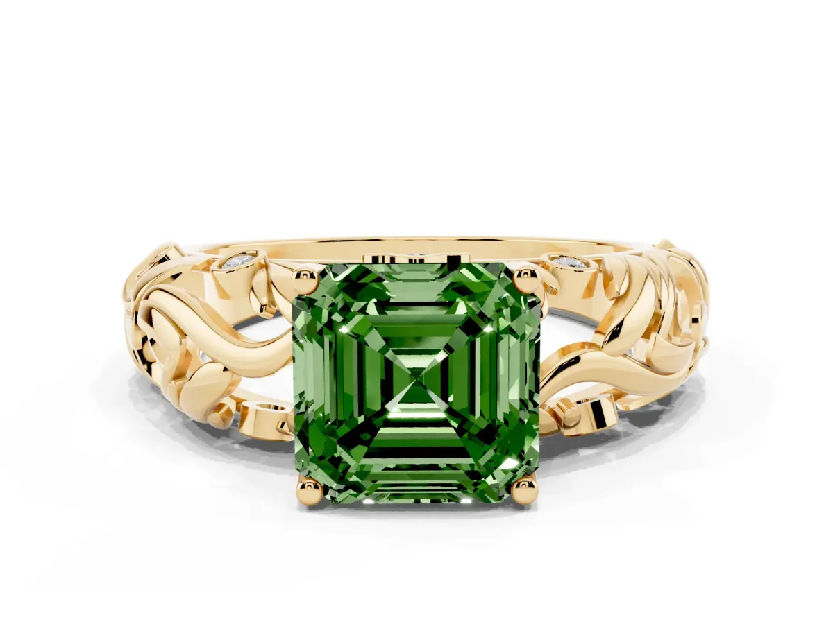 Fancy Green Asscher Cut Solitaire Diamond Leaf-Inspired Vine Band Ring with Prong Setting Yellow gold