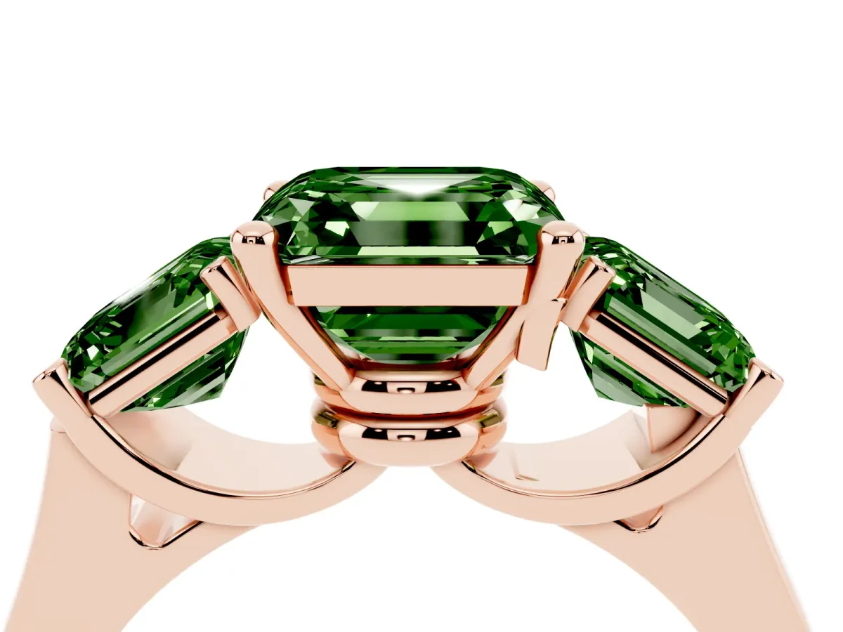 Fancy Green Three-Stone Asscher Cut Brilliant Diamond Trellis Ring with Comfort Fit Band Rose gold