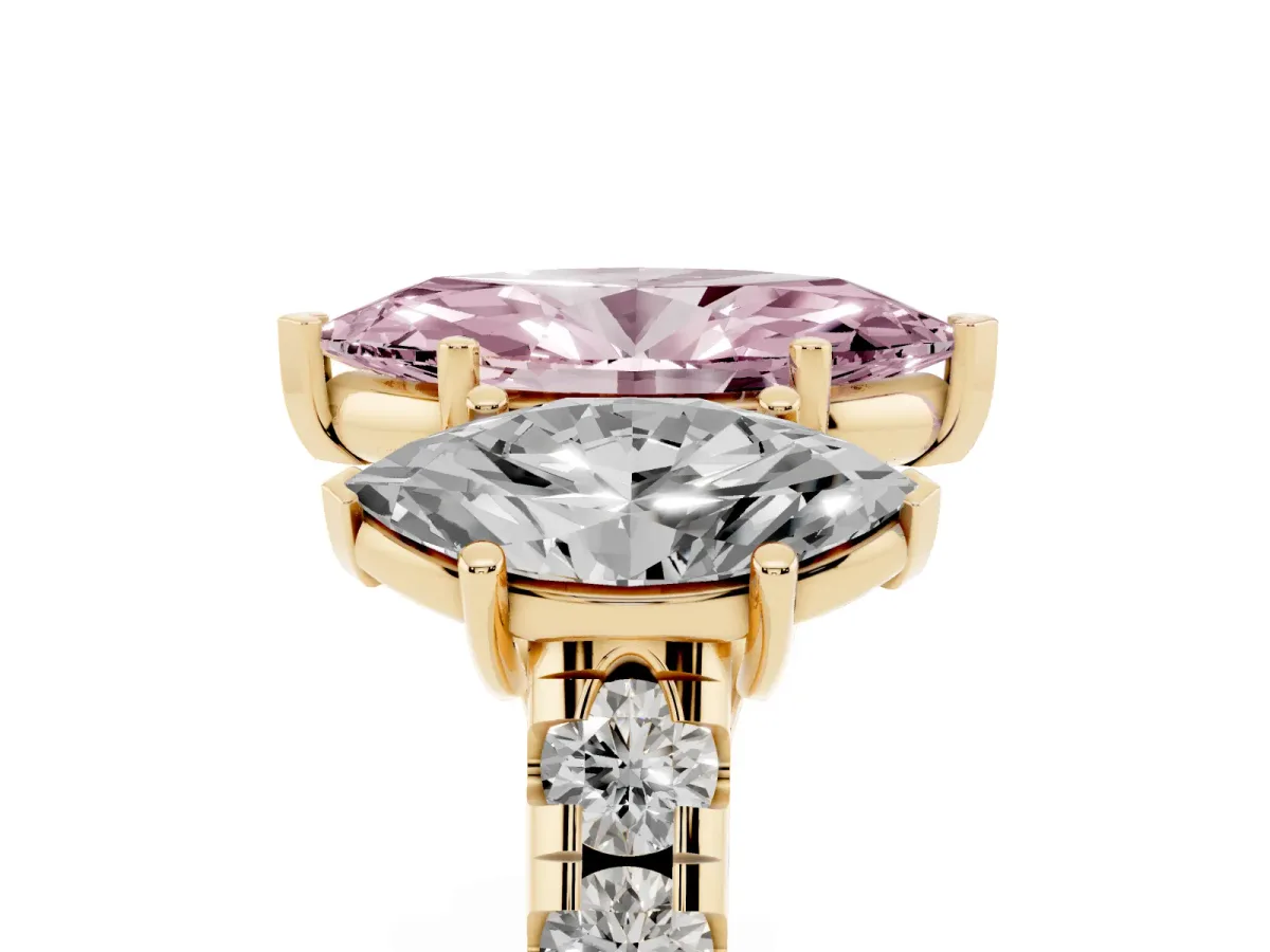 Fancy Pink Three-Stone Marquise Cut Diamond Pavé Band with Prong Setting Yellow gold