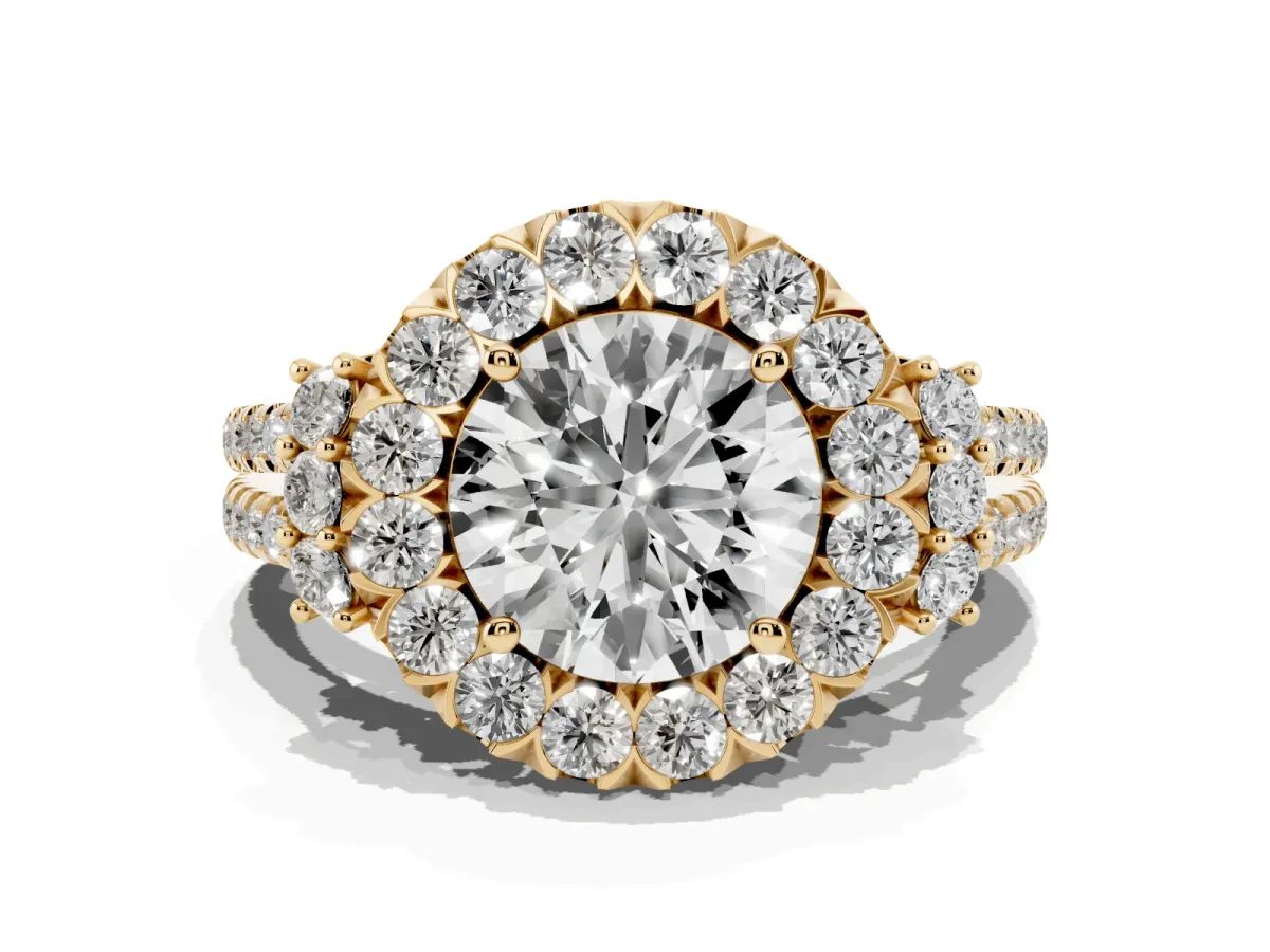 Round Cut Cut Double Halo Diamond Engagement Ring with Pave Band and Four-Prong Setting Yellow gold