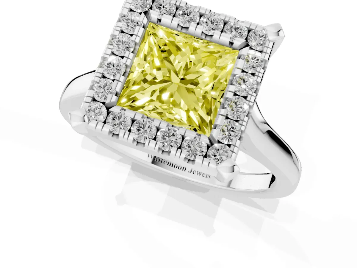 Fancy Yellow Princess Cut Diamond Cluster Halo Solitaire with Four-Prong Setting Silver