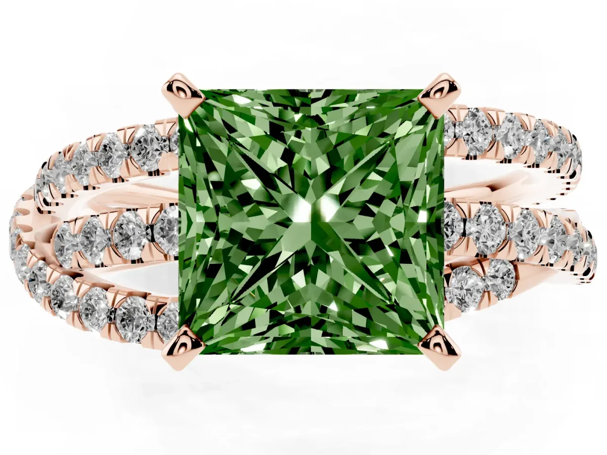 Fancy Green Princess Cut Solitaire Twist Band with Pavé Setting and Four-Prong Setting Rose gold