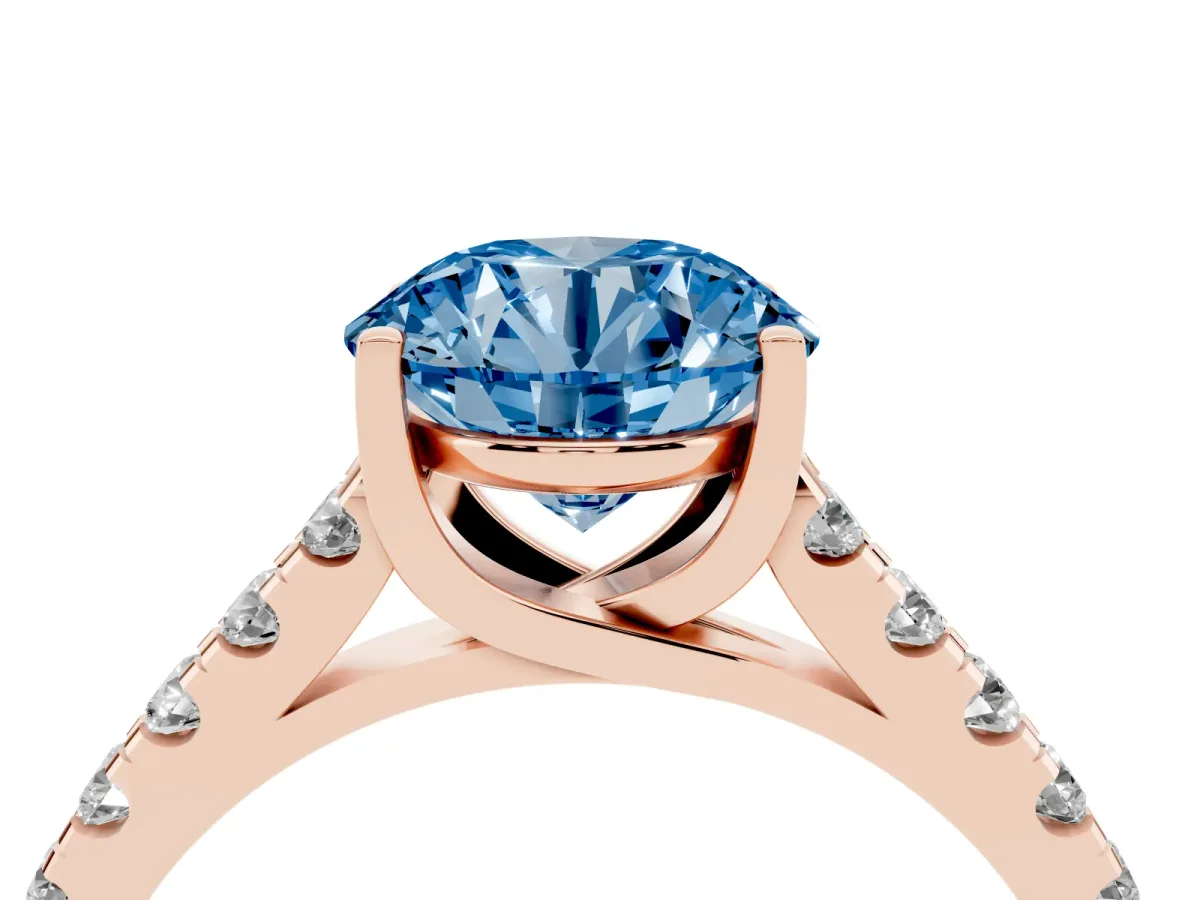 Fancy Blue Round Cut Diamond Pavé Band Solitaire Ring with Prong Setting Rose gold