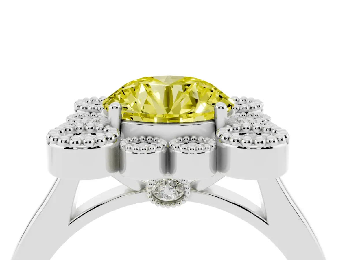 Fancy Yellow Round Cut Halo Diamond Cluster Engagement Ring with Milgrain Bezel Setting and Solitaire Band Silver