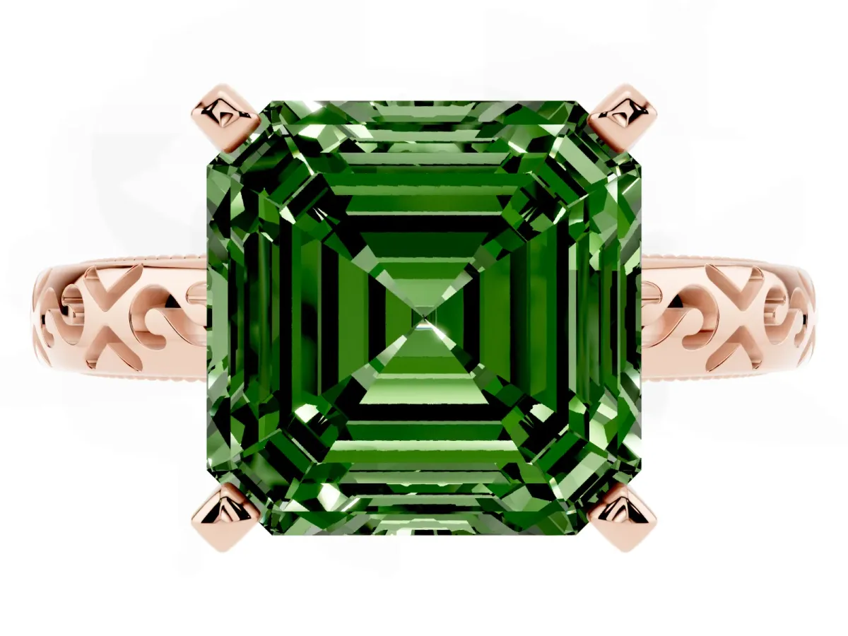 Fancy Green Asscher Cut Solitaire Engagement Ring with Scrollwork Band and Four-Prong Setting Rose gold