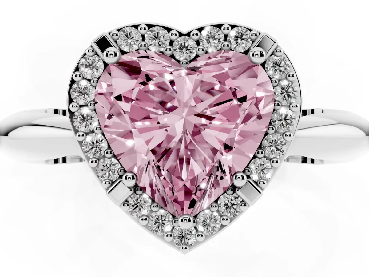 Fancy Pink Heart Cut Cut Diamond Halo Engagement Ring with Split Shank and Four-Prong Setting Platinum