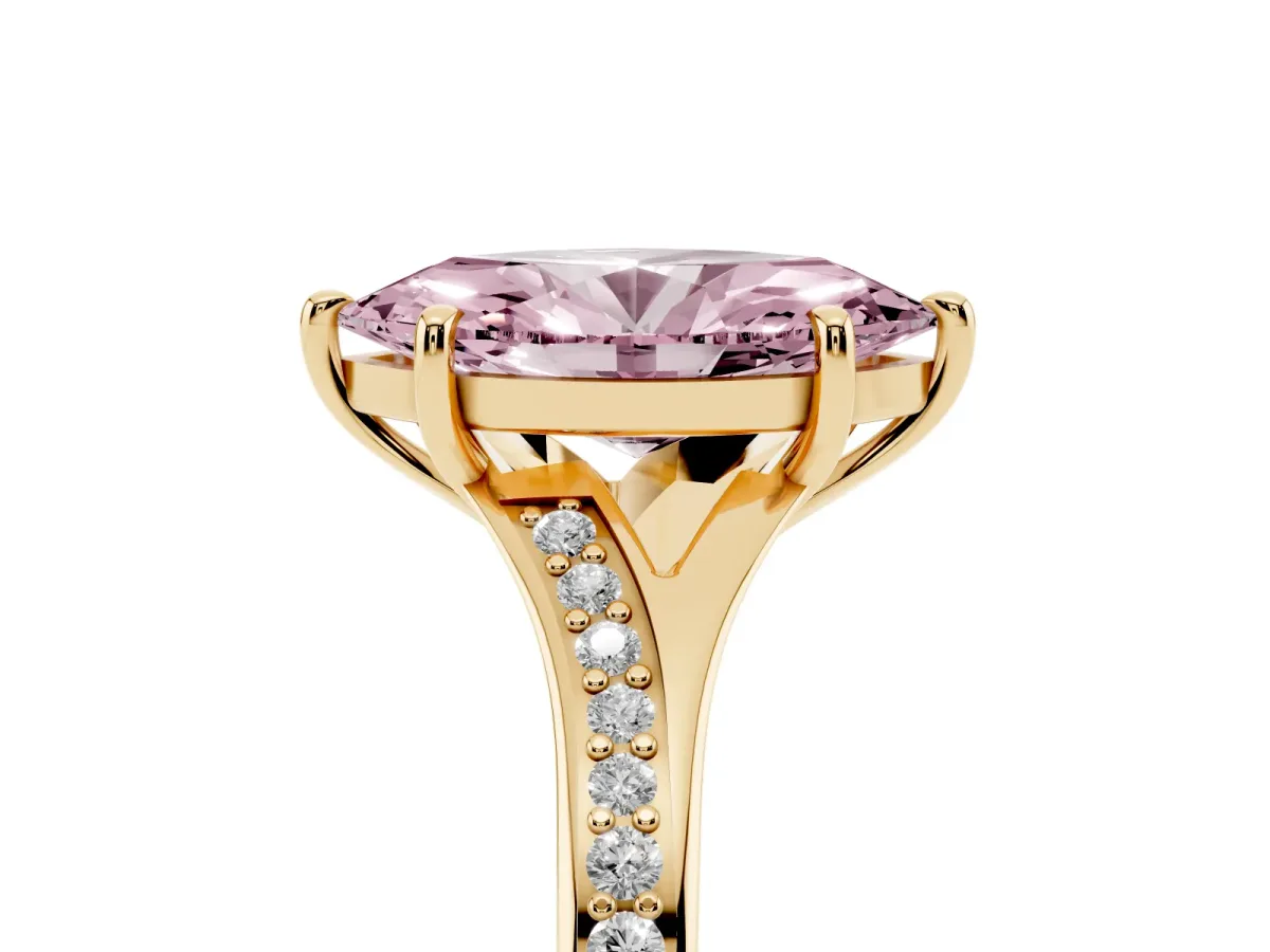 Fancy Pink Marquise Cut Diamond Solitaire Ring with Pavé Band and Prong Setting Yellow gold