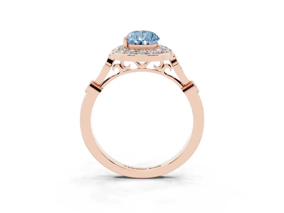 Fancy Blue Pear Cut Halo Diamond Engagement Ring with Twisted Band and Four-Prong Setting Rose gold
