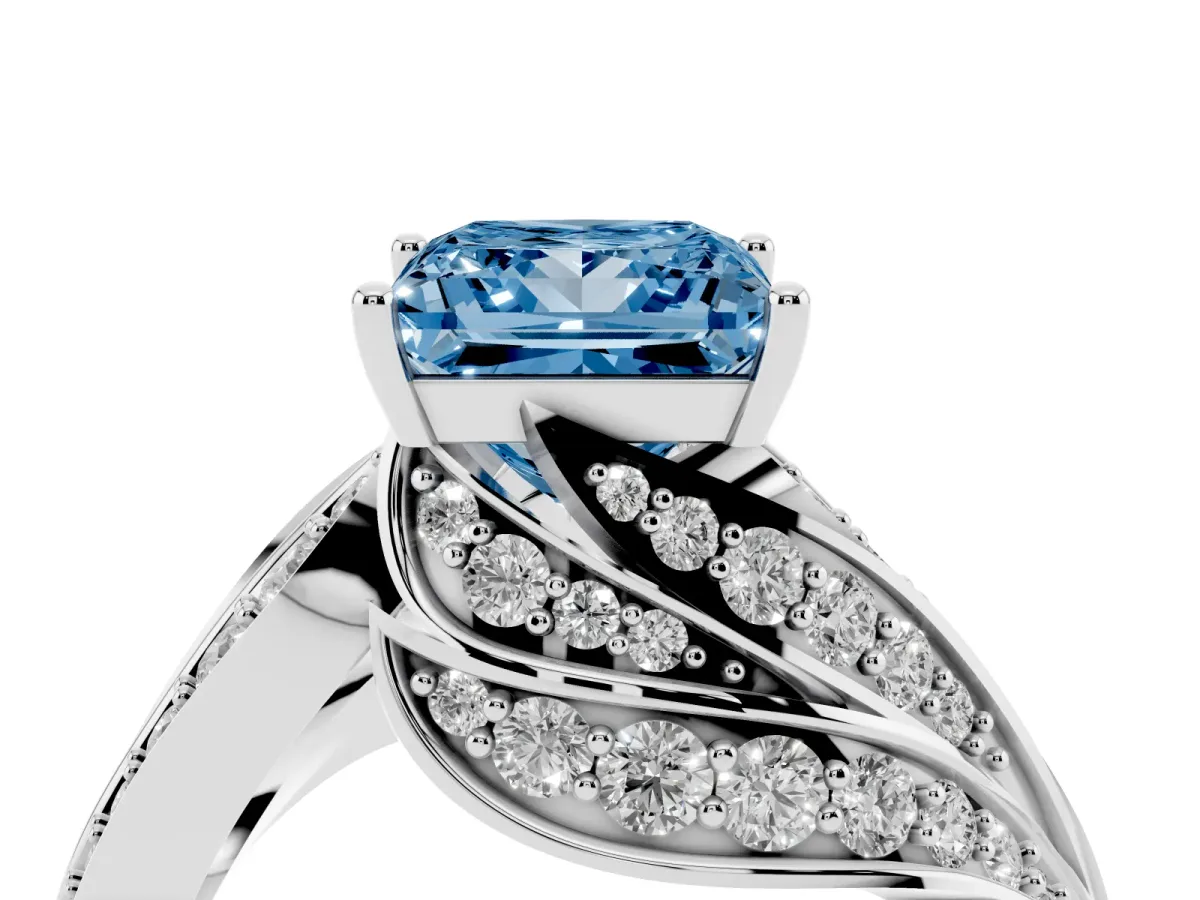 Fancy Blue Princess Cut Diamond Solitaire Ring with Prong Setting and Twisted Pavé Band Silver