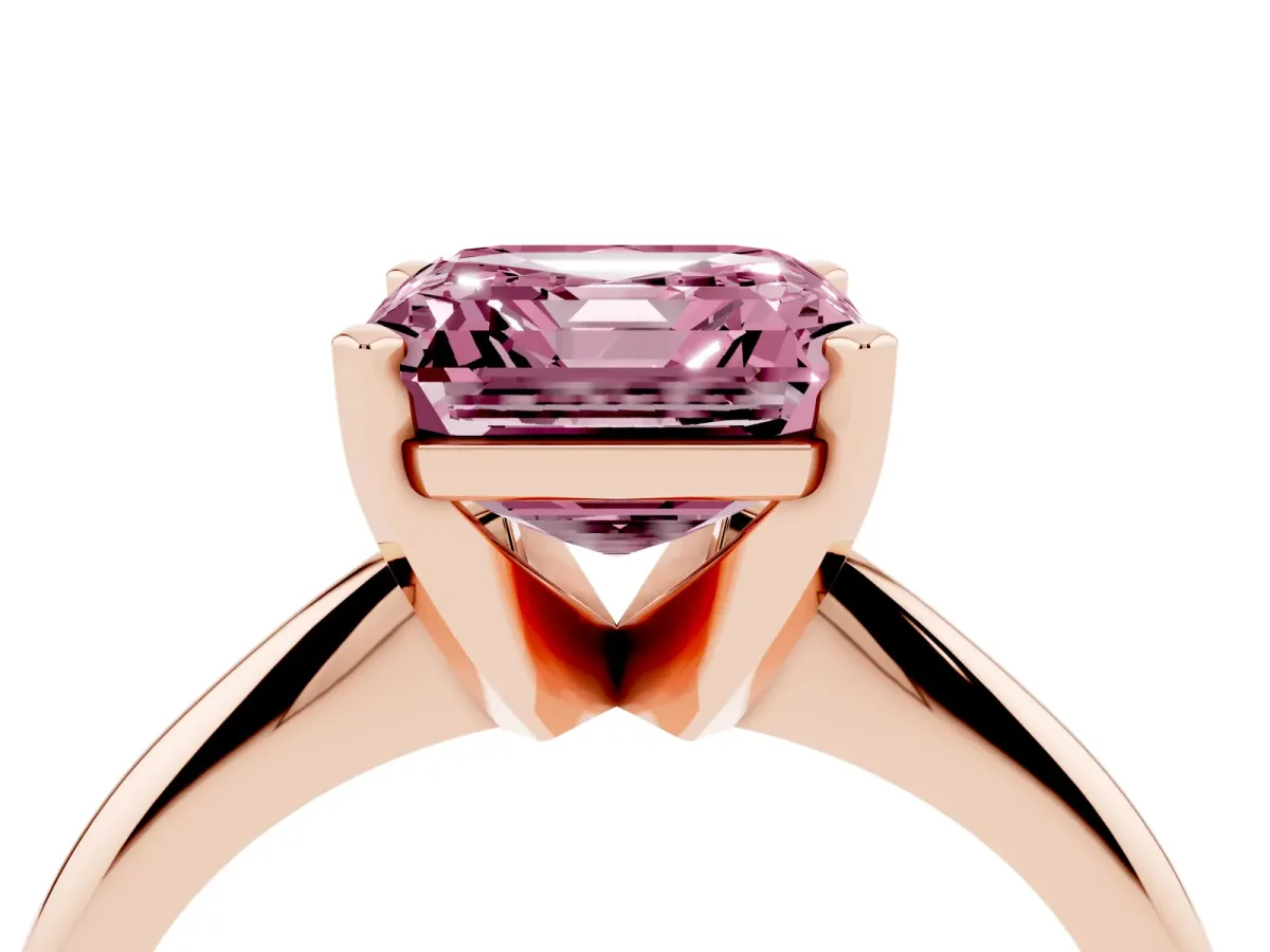 Fancy Pink Asscher Cut Cut Solitaire Ring with Four-Prong Setting on a Classic Band Rose gold