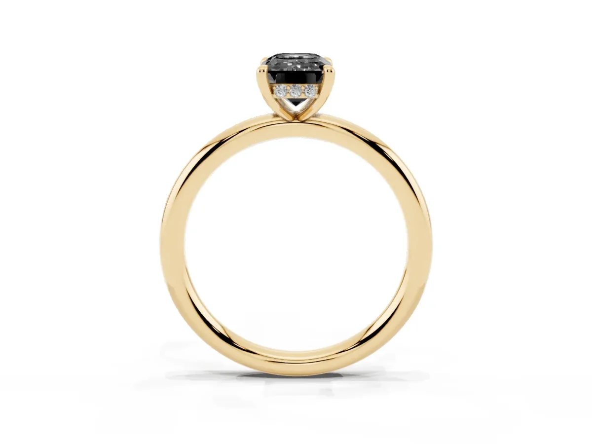 Fancy Black Emerald Cut Diamond Solitaire Ring with Thin Band and Four-Prong Setting Yellow gold