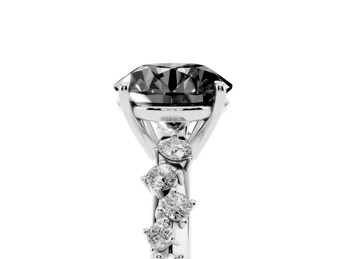 Fancy Black Round Cut Diamond Cluster Side Stone Solitaire Ring with Prong Setting Platinum