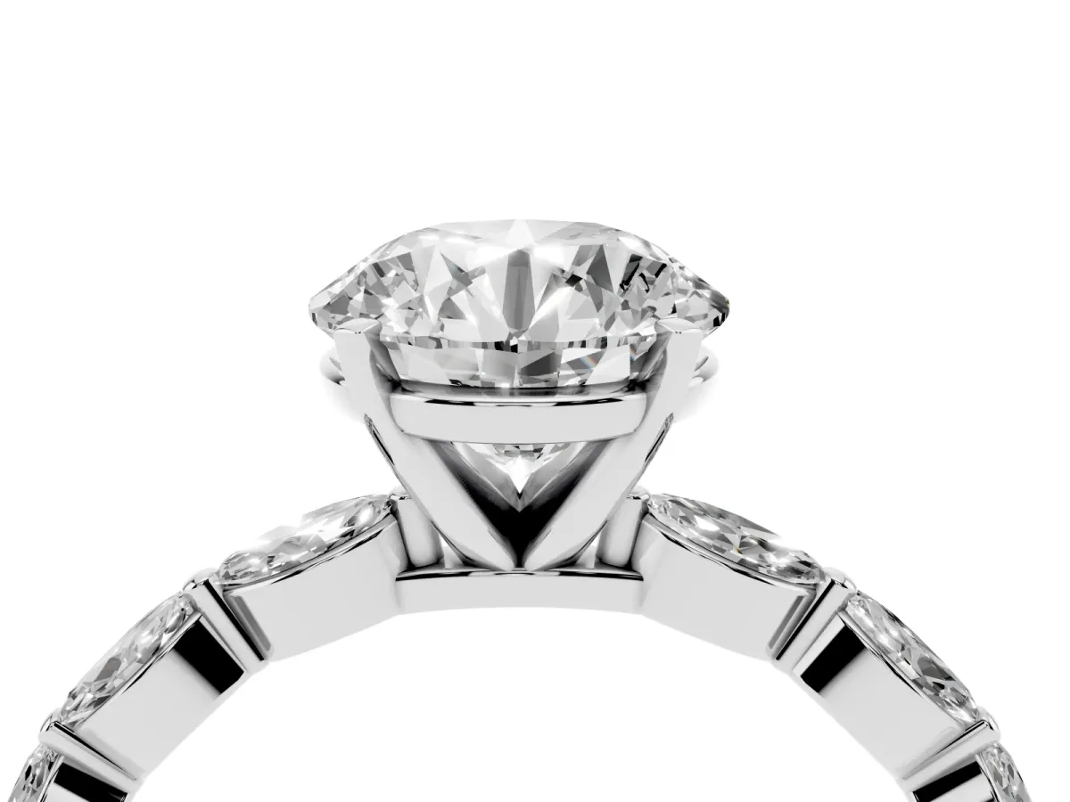 Round Cut Diamond Ring with Marquise Side Stones and Prong Setting Silver