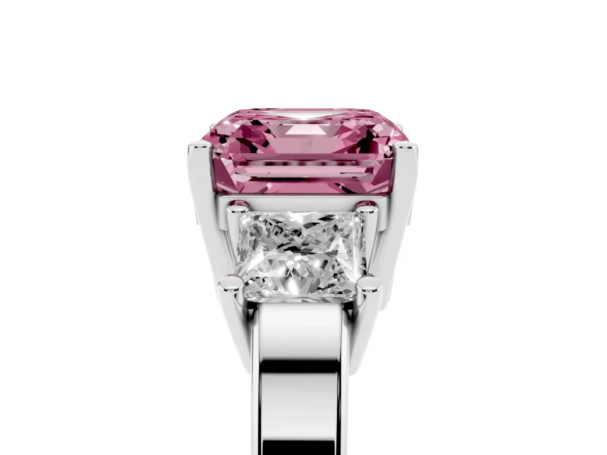 Fancy Pink Three-Stone Asscher Cut Cut Solitaire Ring with Prong Setting Silver
