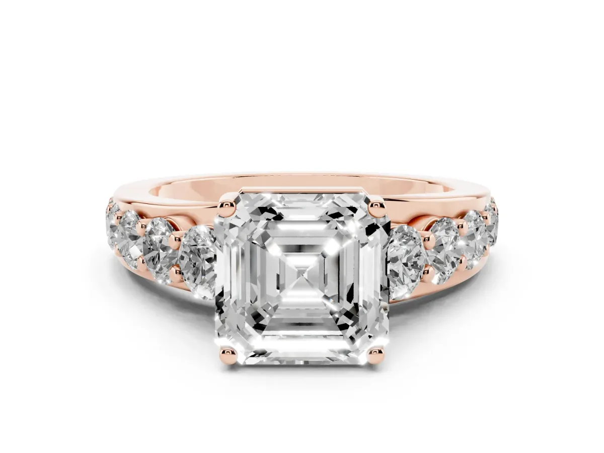 Asscher Cut Diamond Engagement Ring with Pavé Band and Four-Prong Setting Rose gold
