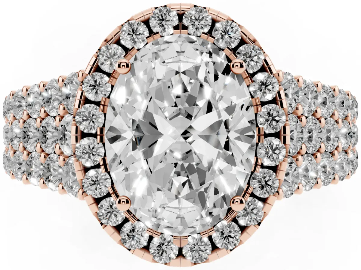 Oval Cut Diamond Halo Engagement Ring with Triple Row Round Pavé Band and Prong Setting Rose gold