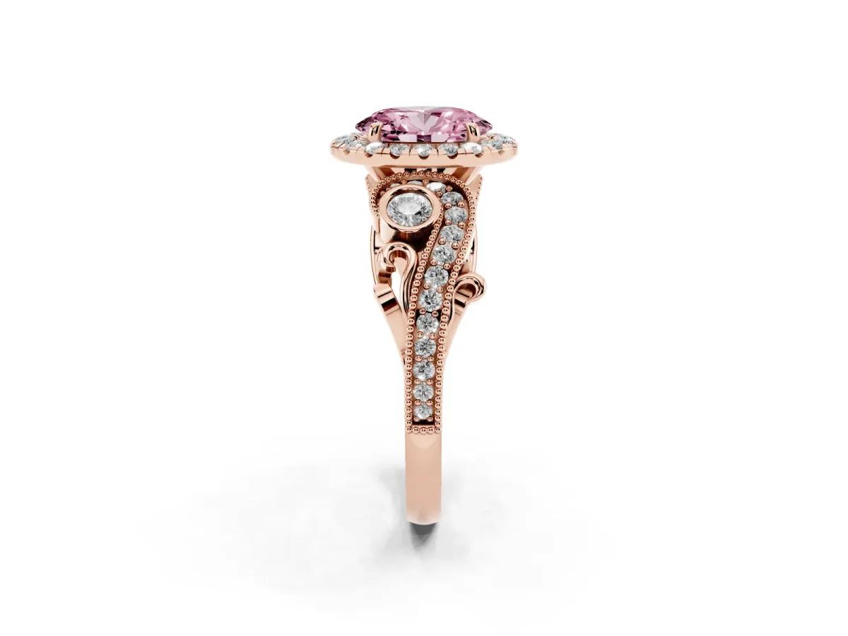 Fancy Pink Oval Cut Halo Diamond Ring with Milgrain and Bezel Accents on a Split Shank Band Rose gold