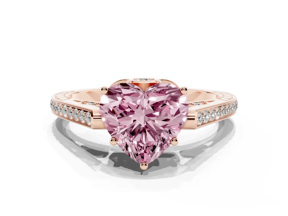 Fancy Pink Heart Cut Cut Cathedral Pave Diamond Engagement Ring with Six-Prong Setting Rose gold