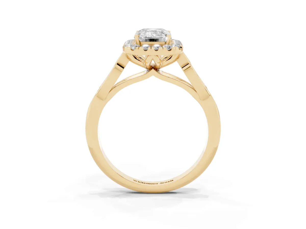 Emerald Cut Halo Diamond Engagement Ring with Filigree Band and Four-Prong Setting Yellow gold