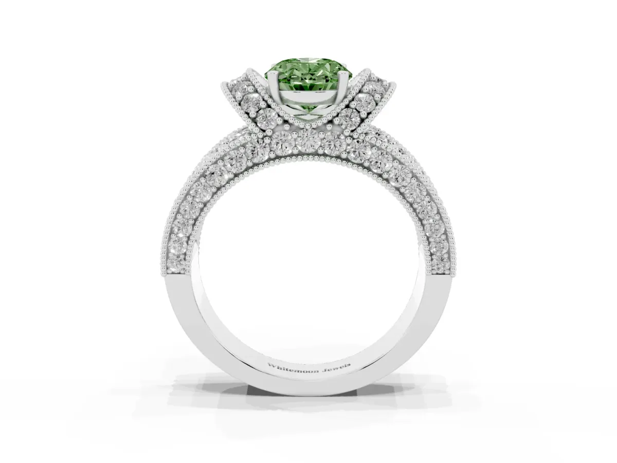 Fancy Green Oval Cut Halo Pave Diamond Engagement Ring with Milgrain Detailing Platinum