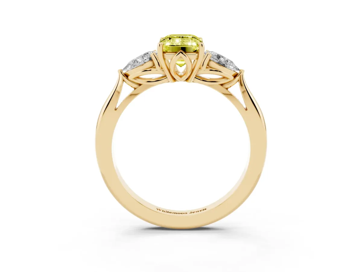 Fancy Yellow Emerald Cut Diamond Three-Stone Ring with Pear Side Stones and Prong Setting Yellow gold