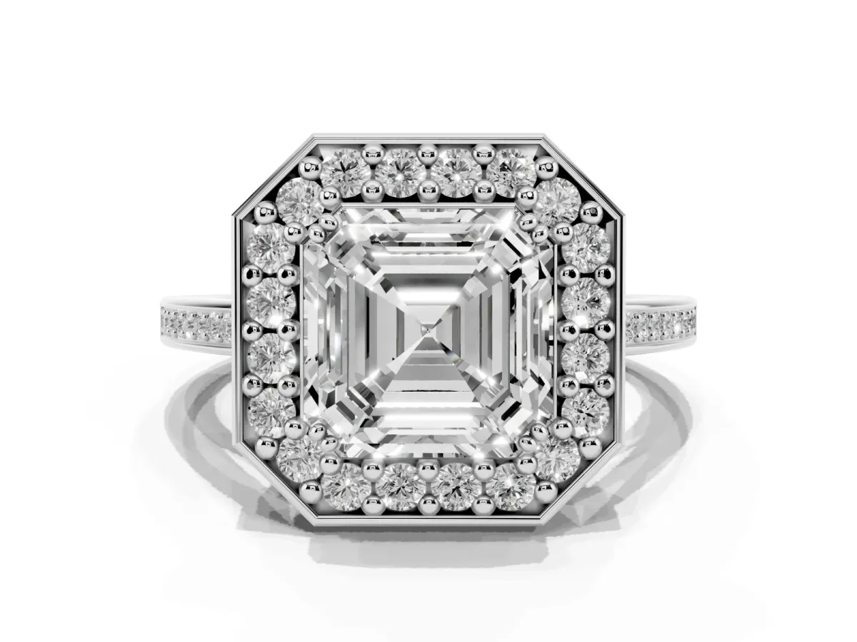 Asscher Cut Diamond Halo Ring with Split Shank and Four-Prong Setting Silver