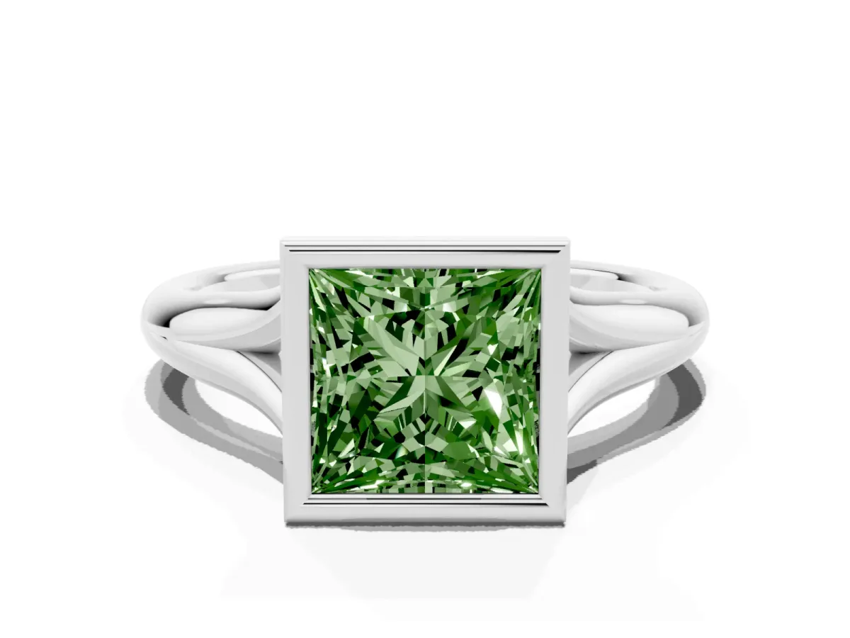 Fancy Green Bezel Set Princess Cut Solitaire Diamond Ring with Smooth Band Platinum