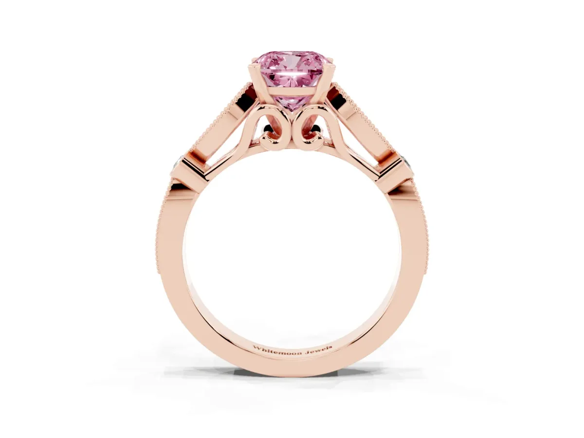 Fancy Pink Cushion Cut Cut Diamond with Milgrain Marquise and Bezel Accents on a Solitaire Band with Prong Setting Rose gold