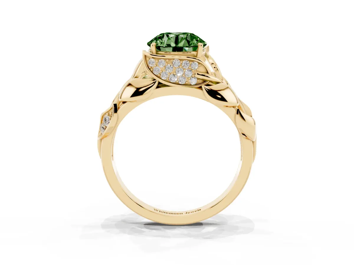 Fancy Green Round Cut Diamond Leaf-Inspired Engagement Ring with Round Accents and Prong Setting Yellow gold