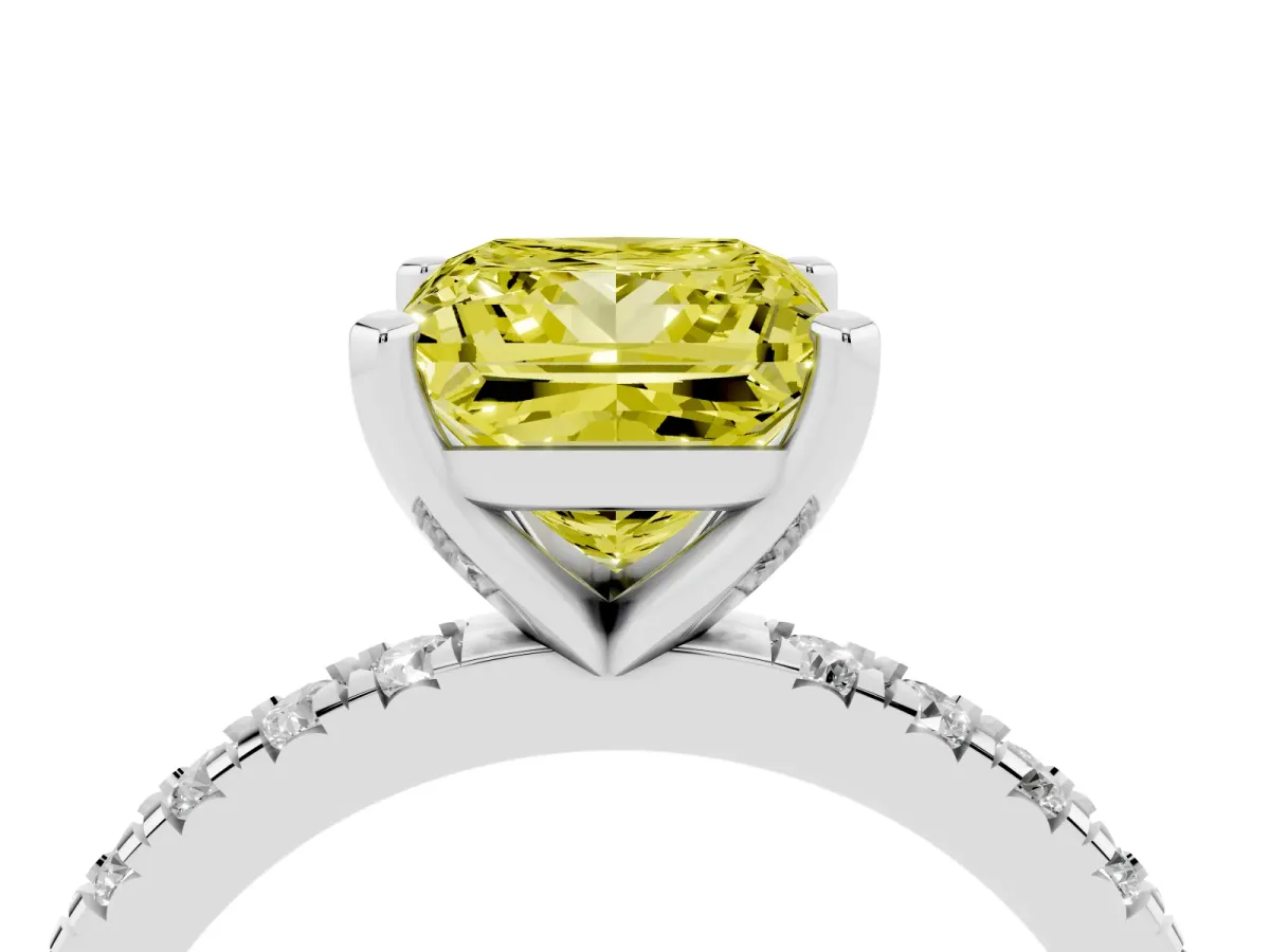 Fancy Yellow Princess Cut Diamond Pavé Band Solitaire with Four-Prong Setting Silver