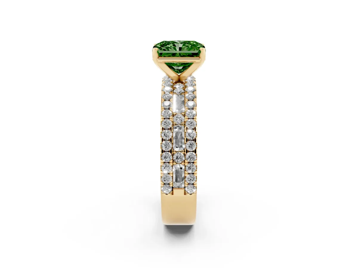 Fancy Green Radiant Cut Diamond Solitaire Ring with Pavé and Channel Set Band Yellow gold