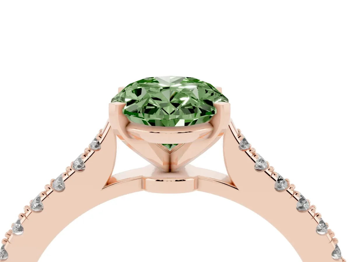 Fancy Green Oval Cut Cut Solitaire Diamond Engagement Ring with Pave Band and Four-Prong Setting Rose gold