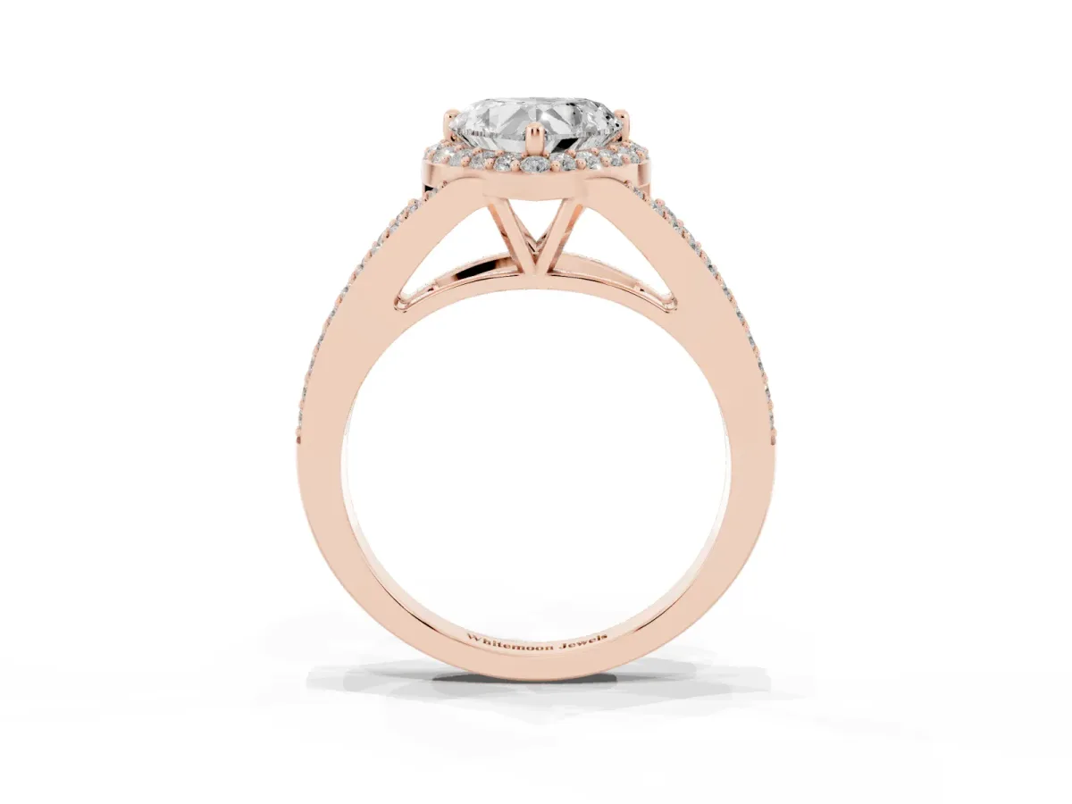 Heart Cut Halo Split Shank Pave Diamond Ring with Four-Prong Setting Rose gold
