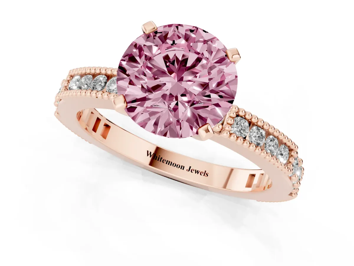 Fancy Pink Round Cut Solitaire with Pavé Band and Four-Prong Setting Rose gold