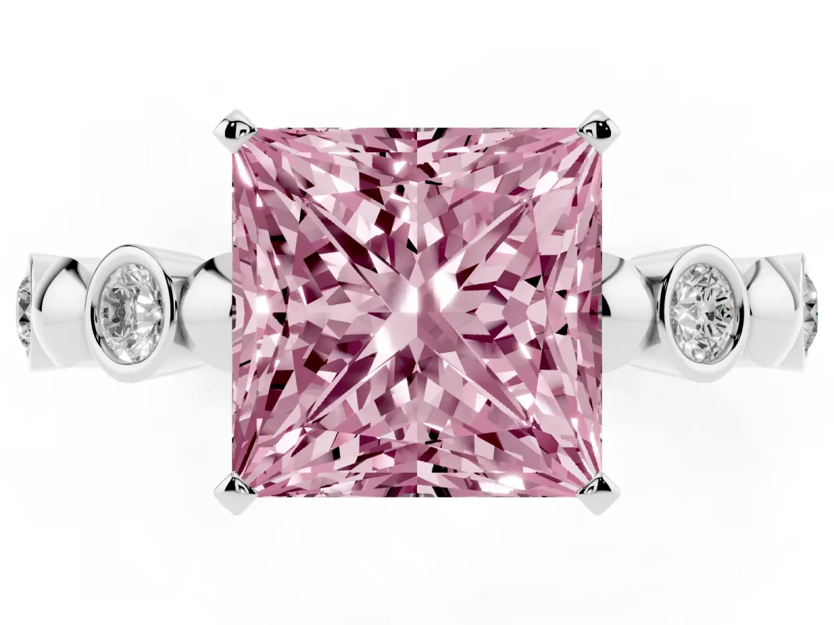 Fancy Pink Princess Cut Solitaire Bezel-Set Diamond Ring with Beaded Band and Four-Prong Setting White gold